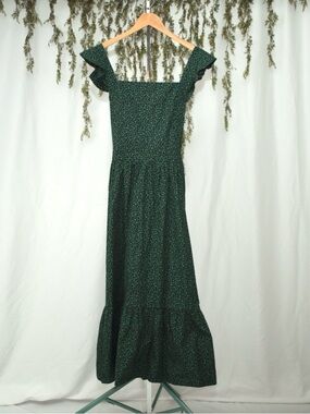 Zara XL Dark Green Floral Cottage Core Pinafore Maxi Dress with Ruffle Straps